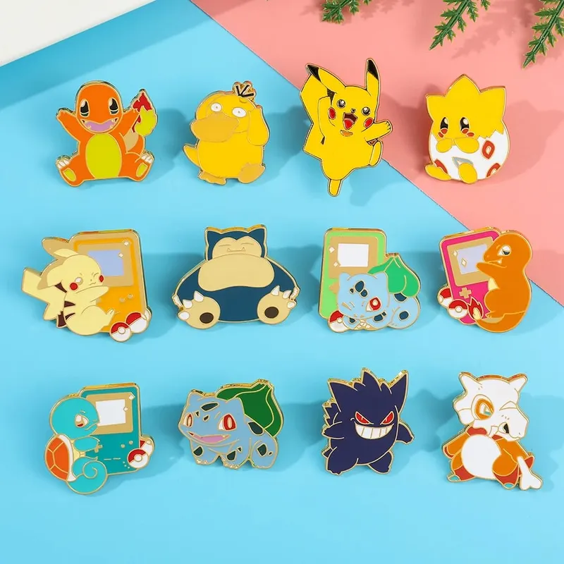 Cute Pikachu Brooch Anime Figures Gengar Psyduck Squirtle Togepi Bulbasaur Enamel Lapel Pin Badges on Backpack