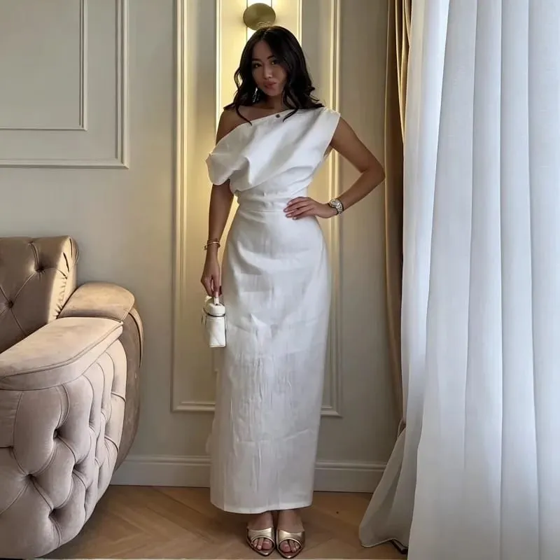 Elegante um ombro assimétrico vestido longo plissado chique cor sólida gola inclinada magro cinched fenda algodão linho mistura vestidos