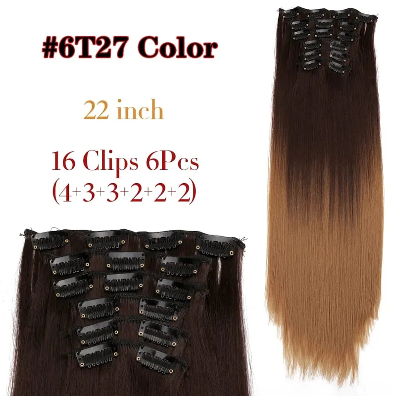 Black Clip In Extensions Straight 22" Long Synthetic Thick Clips On Hair Piece For Women 6Pcs/Set Curly Full Head Weddings Daily