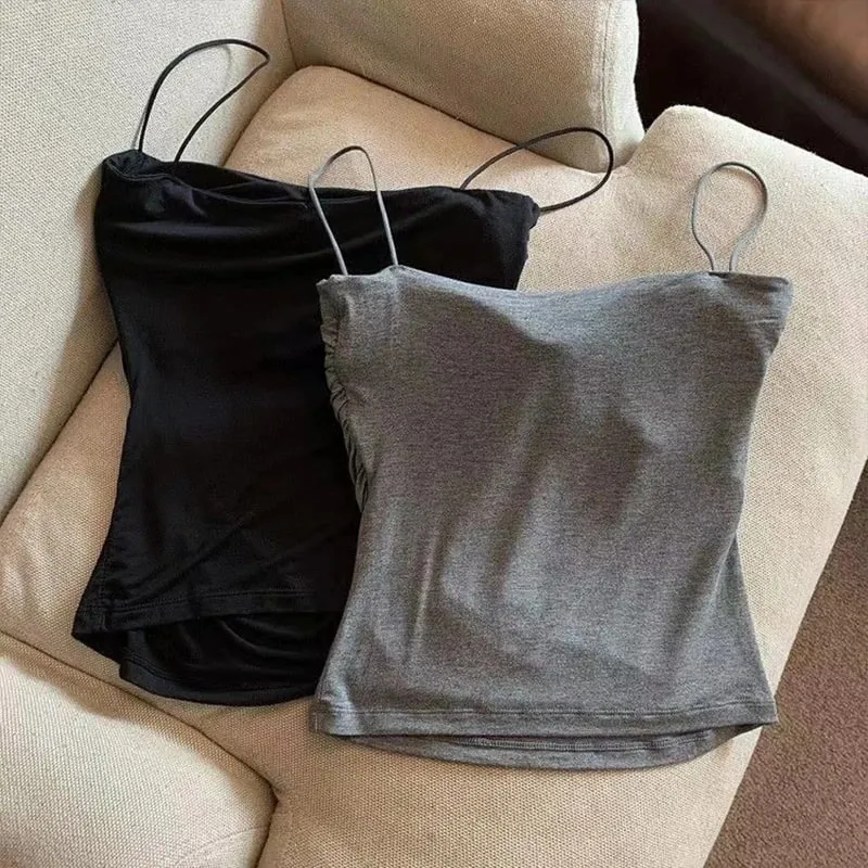 New-Sexy Solid Pleated Tank Camisole Women's Summer Spaghetti Strap Sleeveless Tops