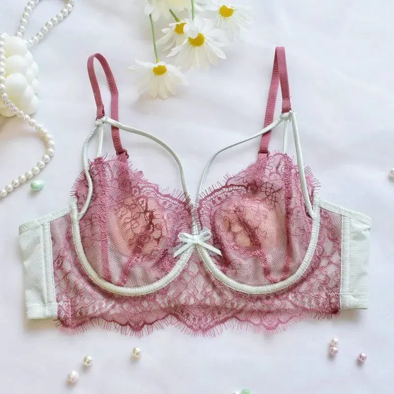 Coreano tendência quente puro desejo conjunto de sutiã de renda underwire copo fino push up grande busto visualmente pequeno anti droop lingerie 32-38 quente — image 8
