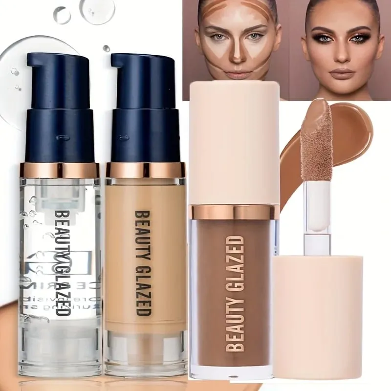 3pcs Face Makeup Set Liquid Foundation+Primer+ Liquid Contour Natural Weightless Long-wearing Smudgeproof Bronzer