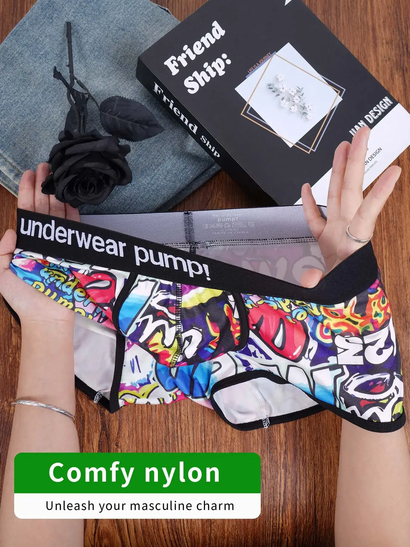 1 pçs masculino algodão mistura de náilon boxer briefs all-over graffiti impressão ampla cintura elástica não-apertado moda esporte roupa interior
