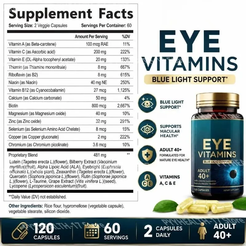 Cápsulas de vitaminas para os olhos, suporte de luz azul com luteína e zeaxantina para mais de 40 cápsulas de suporte à saúde macular para homens e mulheres 120 cápsulas