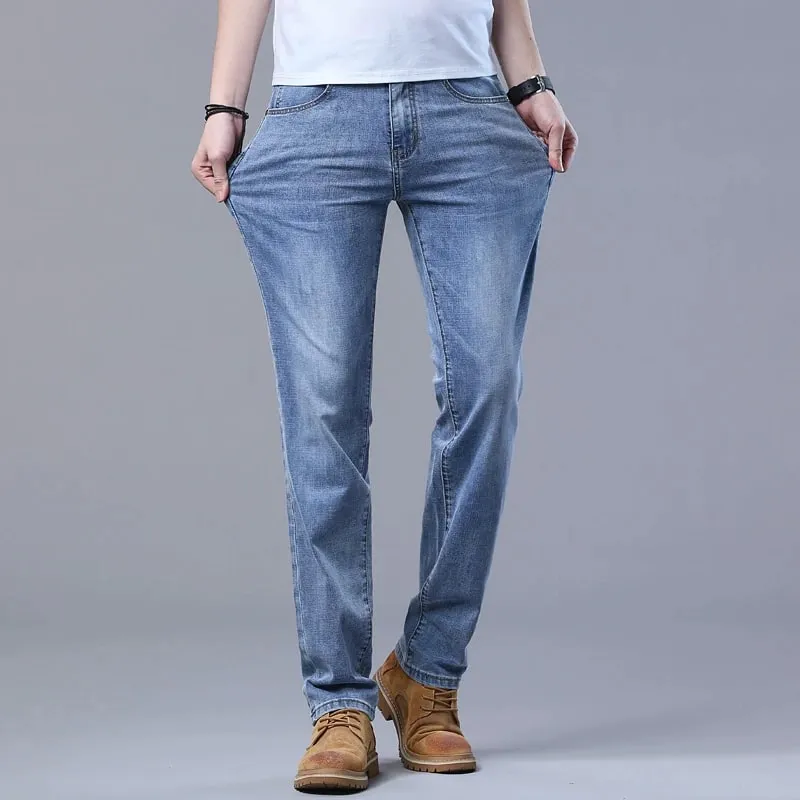 Primavera masculina luz azul magro jeans elegante casual estiramento tecido denim calças clássicas fumaça cinza