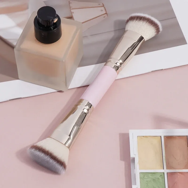 Pincéis de maquiagem de cabeça dupla 2 em 1 pincel plano/angular para contorno e corretivo de base para misturar creme líquido em pó solto — image 8