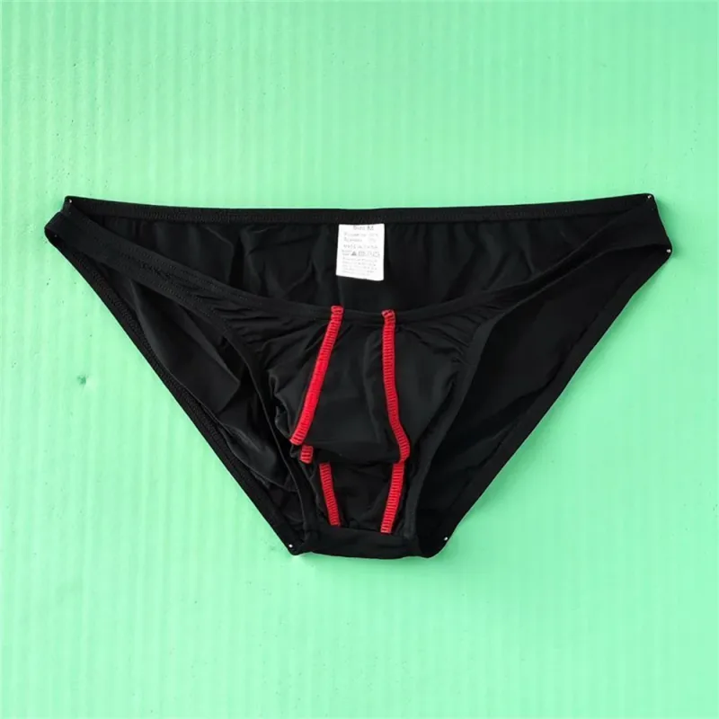 Two Line Stripe Ice Silk Briefs for Men Plus Size Underwear Sexy U Convex Lingerie Low Waist Bugle Pouch Male Panties