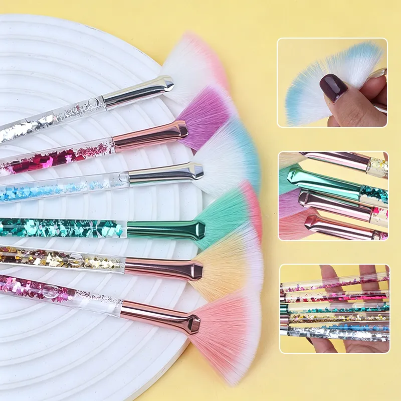 Pincel de maquiagem leque com glitter, 5 peças, cabo transparente, cerdas macias, iluminador, pó, blush, rosto, ferramenta de beleza cosmética