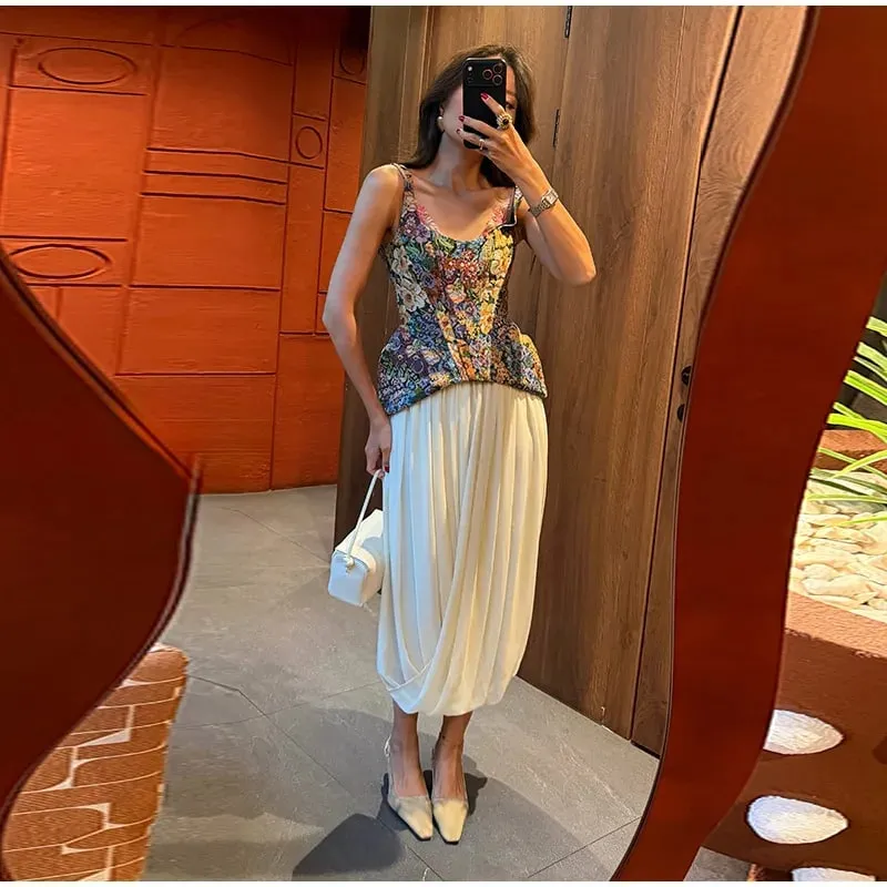 Floral impressão cami espartilho topo tiras finas u pescoço estruturado cintura pontiaguda bainha vintage 2026 primavera verão férias senhora chique topo