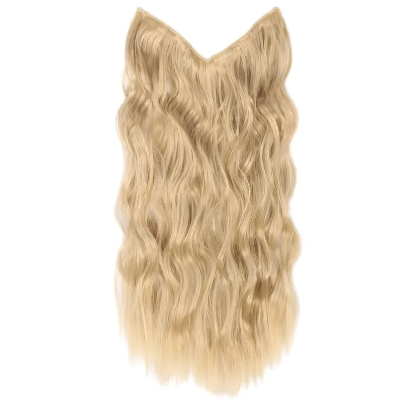 Black Halo Hair Extensions with Invisible Wire Adjustable Size 22inch Long Synthetic Wavy Curly Hairpieces for Women No Clip