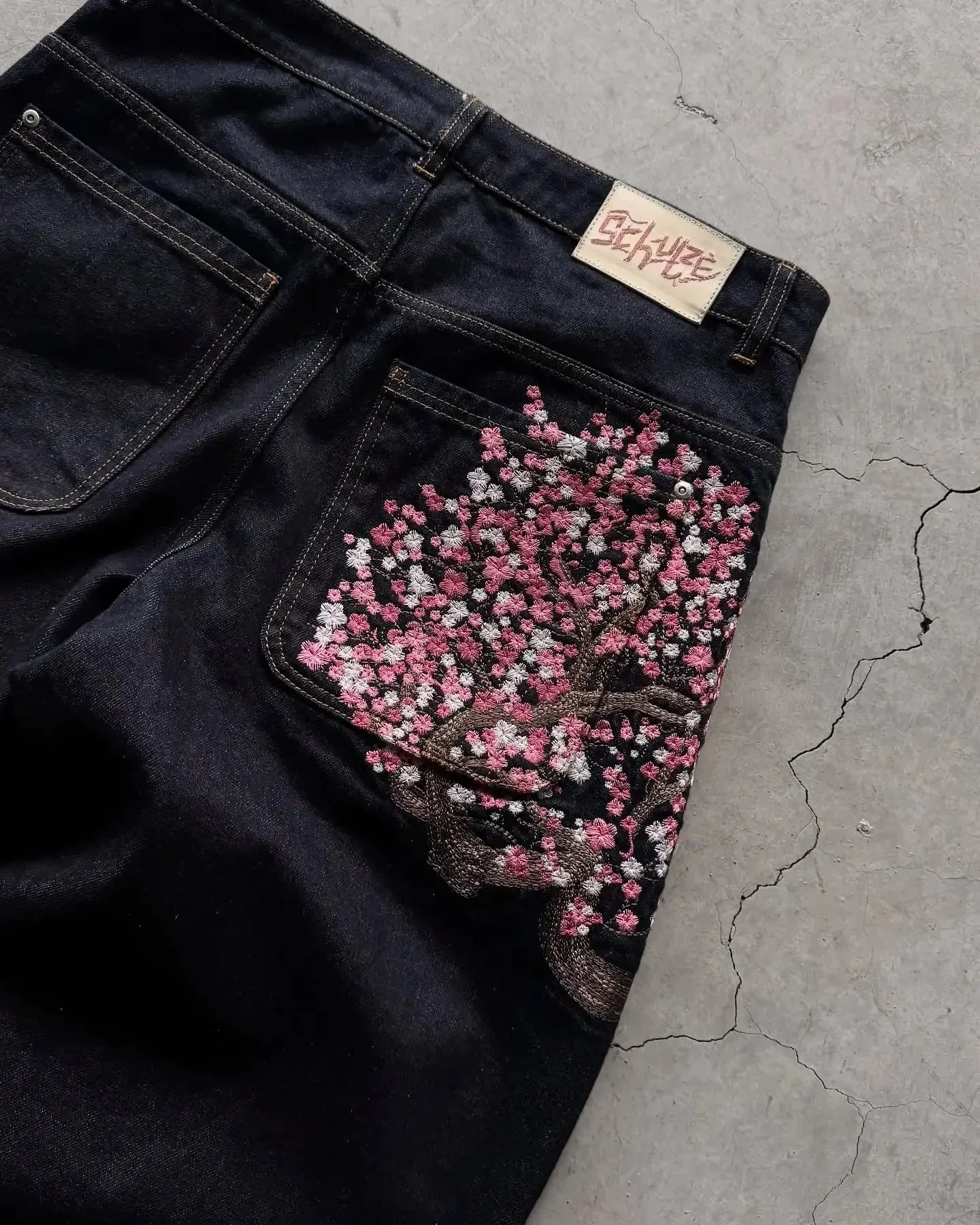 Harajuku retalhos flor de cerejeira bordado calças jeans y2k vintage feminino baggy em linha reta perna larga jeans rua roupas masculinas