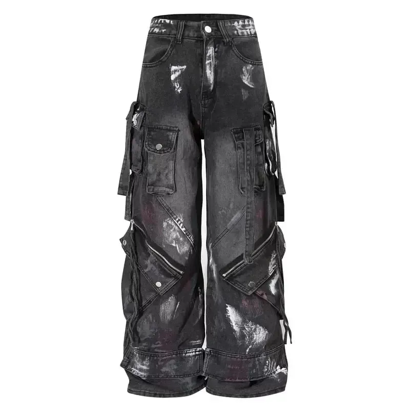 2000s y2k indústria pesada calças de arrasto gótico multi-bolso hip hop calças de perna larga lavadas calças de brim pretas homens e mulheres calças de rua