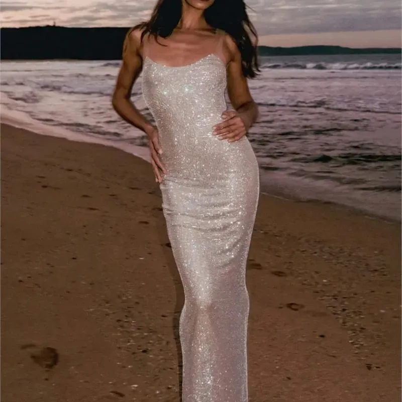 Multi cores sem costas brilhantes strass malha retalhos vestido longo para mulheres magro bodycon festa à noite vestidos de cocktail