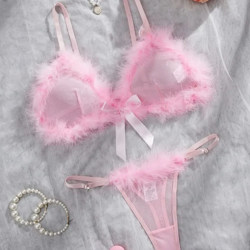 Furry Women's Underwear Wireless Bow Decor Lingerie Set Mesh Transparent Romantic Intimate Bra Panties Suit Anniversary