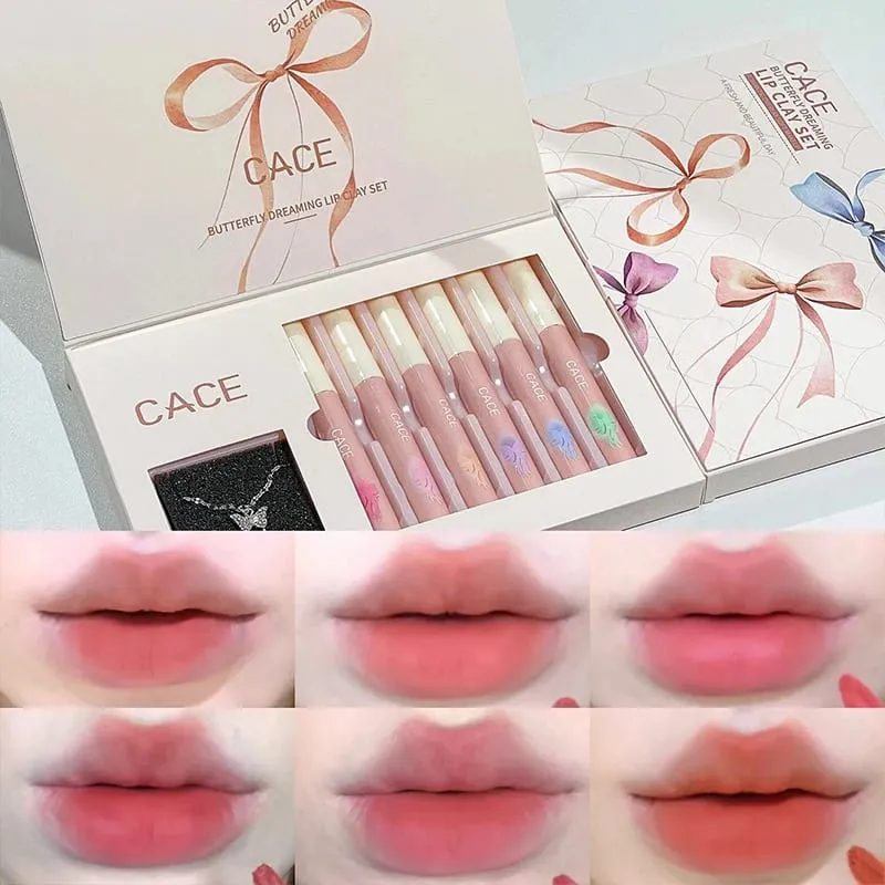 Conjunto de maquiagem de batom líquido fosco, 6 cores, brilho labial de longa duração, à prova d'água, lama labial com colar, presente, cosméticos
