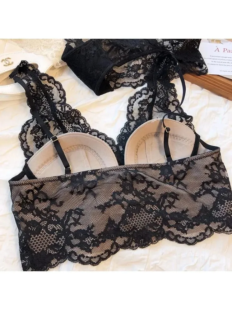 Conjunto de bralette de renda – Sutiã anti flacidez sem fio, lingerie respirável ajustável, sem arame, confortável, fino, sexy, uso diário