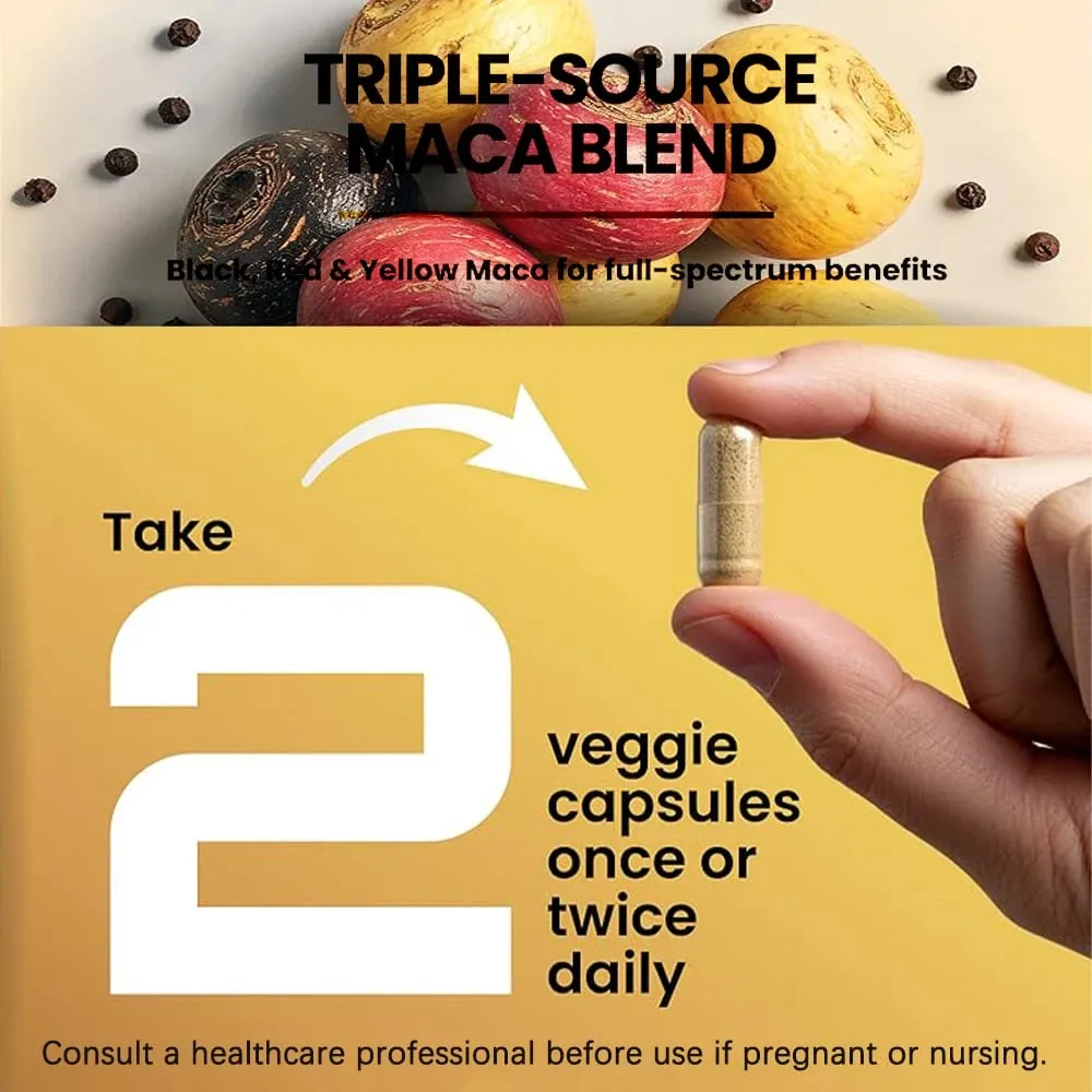 1500mg Raiz de Maca Orgânica Preto Vermelho e Amarelo - 60 Cápsulas - Cápsulas de Raiz de Maca Preta para Homens Suplemento - Não OGM Sem Glúten
