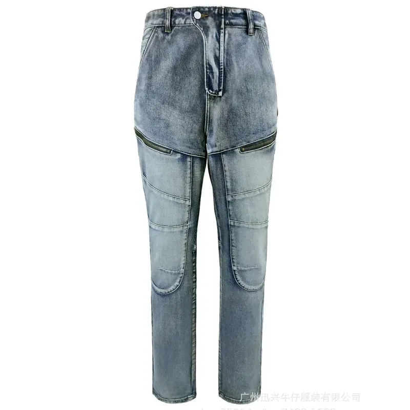 Jeans Men Long Pant Denim Pants Zipper Straight Trousers Pockets Splice Slim Fit Hole High Waist Casual Autumn spring 2026 — image 5