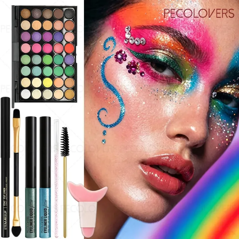 8PCS/SET Eyeshadow Palette Sparkle Liquid Eyeliner Black Eyeliner Eye Brushes Halloween/Christmas/Parties Makeup Set Beauty