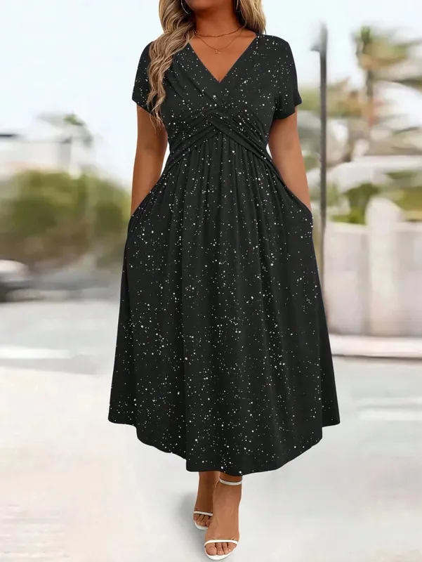 Vestido feminino elegante plus size polvilhado com nó torcido brilhante com bolsos e decote em V