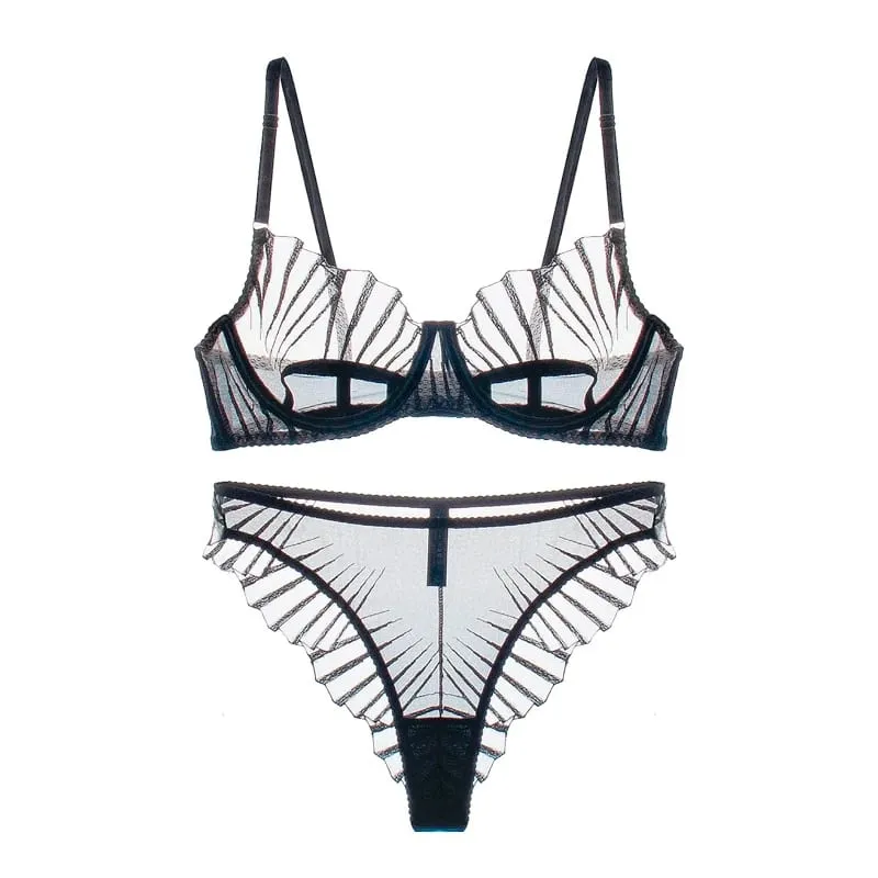 Conjuntos breves femininos de 2 peças, copo de peito preto, lingerie bordada, roupa íntima, malha preta, sutiã minimizador sem forro quente
