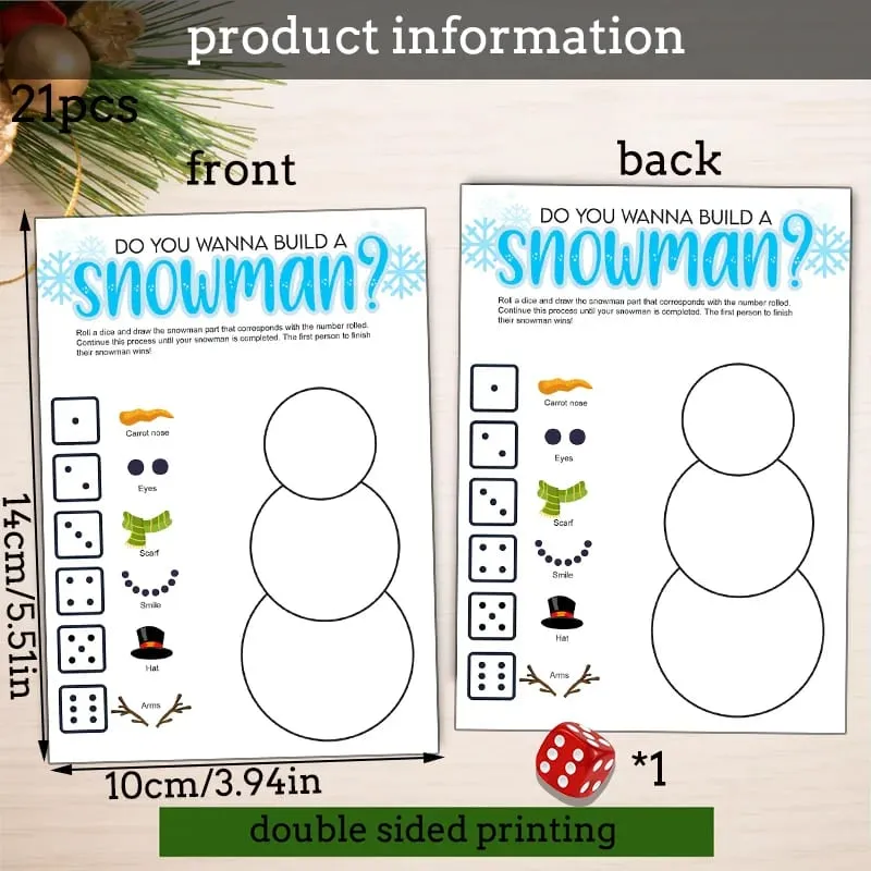 21 pçs natal rolar um boneco de neve cartas de jogo conjunto de jogo de rolamento de dados jogo de desenho de boneco de neve festa de família e jogo de festa de férias