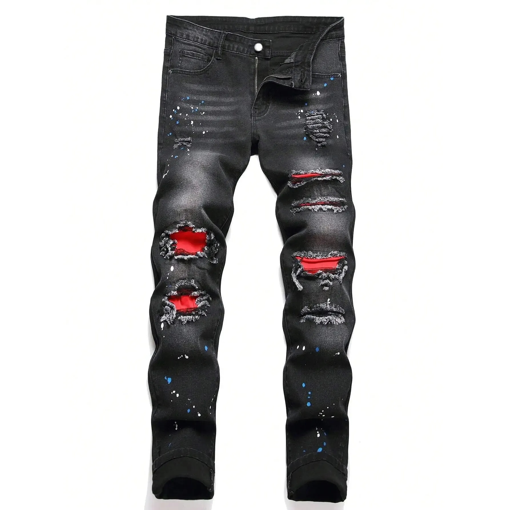 2025 outono novo estiramento jeans moda rasgado retalhos magro europeu americano calças masculinas pintura dot hip hop denim calças