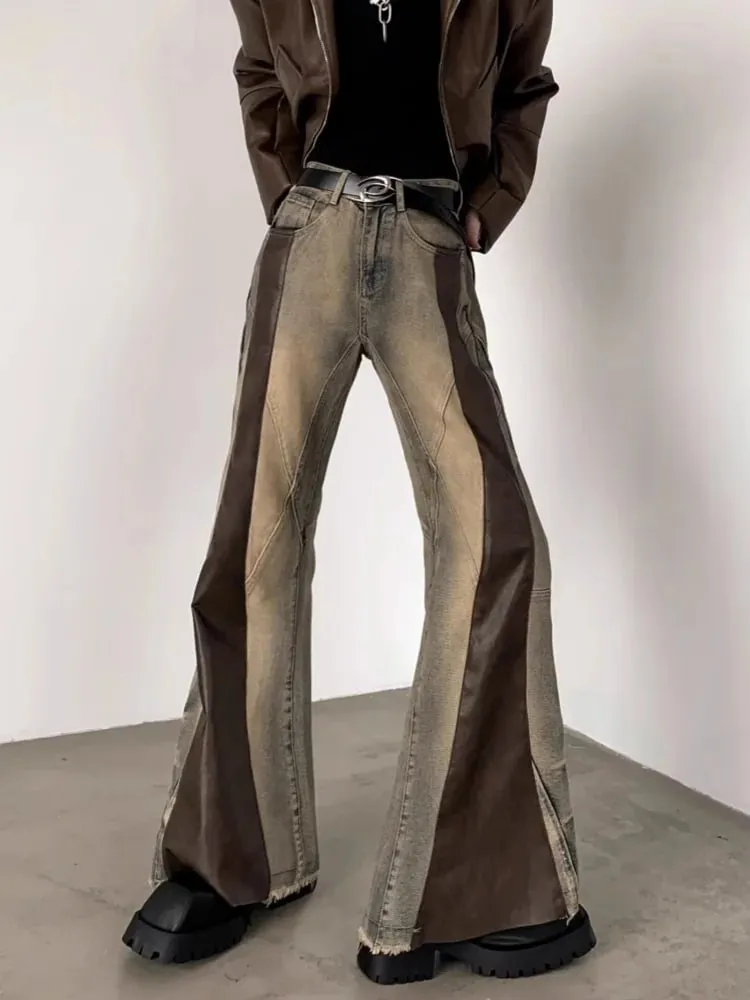 Trashy y2k 2000s couro do plutônio retalhos magro alargamento calças de brim para homens 90s roupas vintage colorblock calças jeans moda hombre