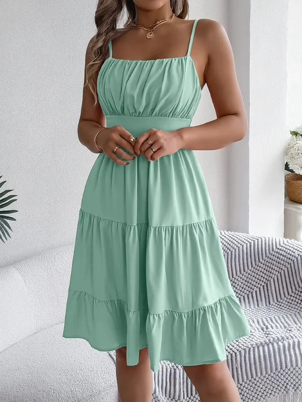 Casual Vacation Ruffled Camisole Dress Spring Summer Women's Solid Dresses For 2026 Valentine's Day Woman Clothing Pink Blue