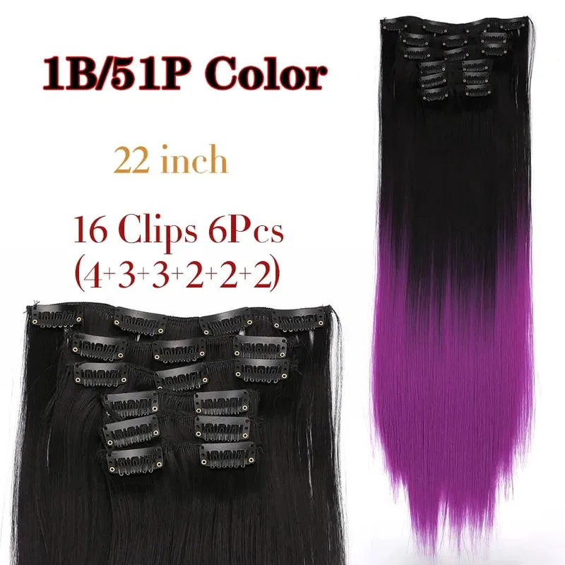 Black Clip In Extensions Straight 22" Long Synthetic Thick Clips On Hair Piece For Women 6Pcs/Set Curly Full Head Weddings Daily