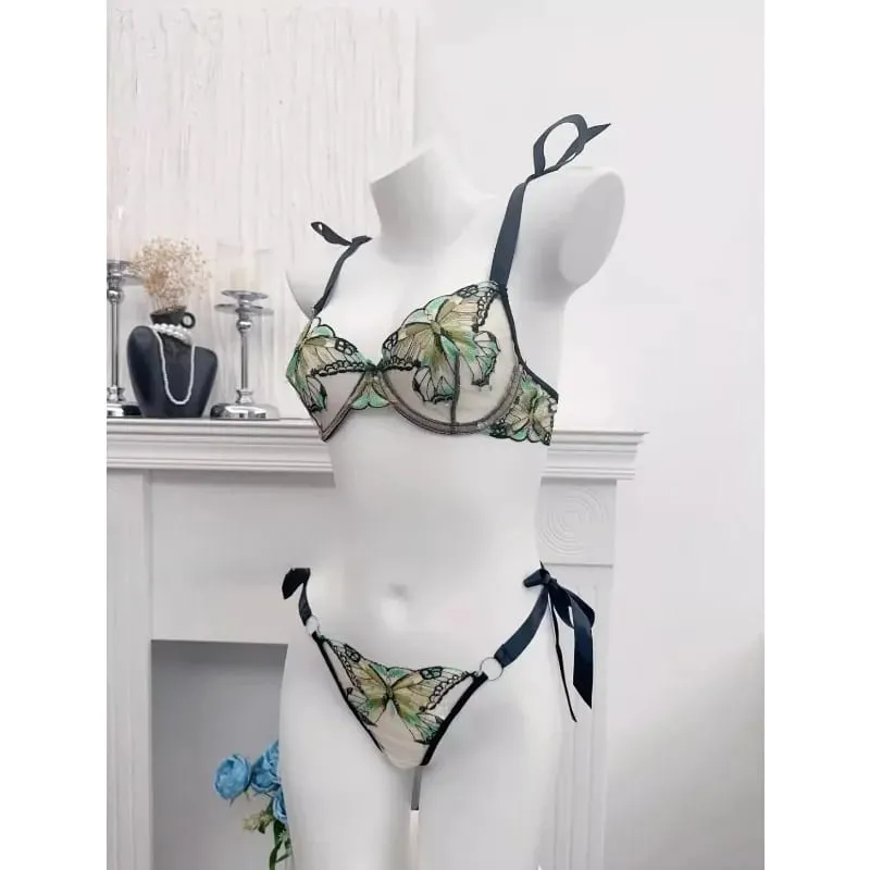 Reggente Pizzo Francese Farfalla Rete Trasparente Spalline Elastiche Senza Spugna Set Intimo S-XL Nuovo Morbido