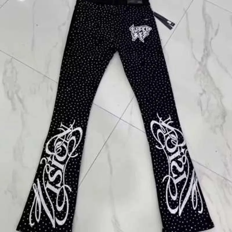 Punk chama streetwear sólido casual calças jeans palco dança strass impressão lavado preto baggy jeans hiphop casual denim pa