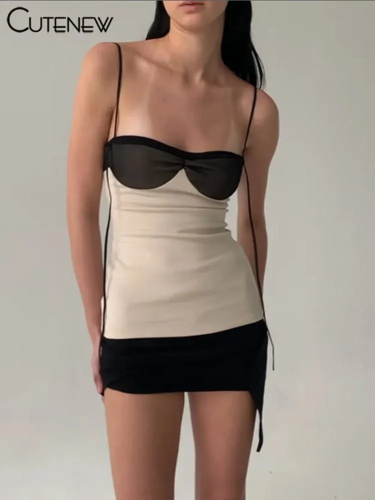 Cutenew painel feminino mini vestido conciso borla retalhos envolto peito irregular sem costas super-curto vestido tendência streetwear