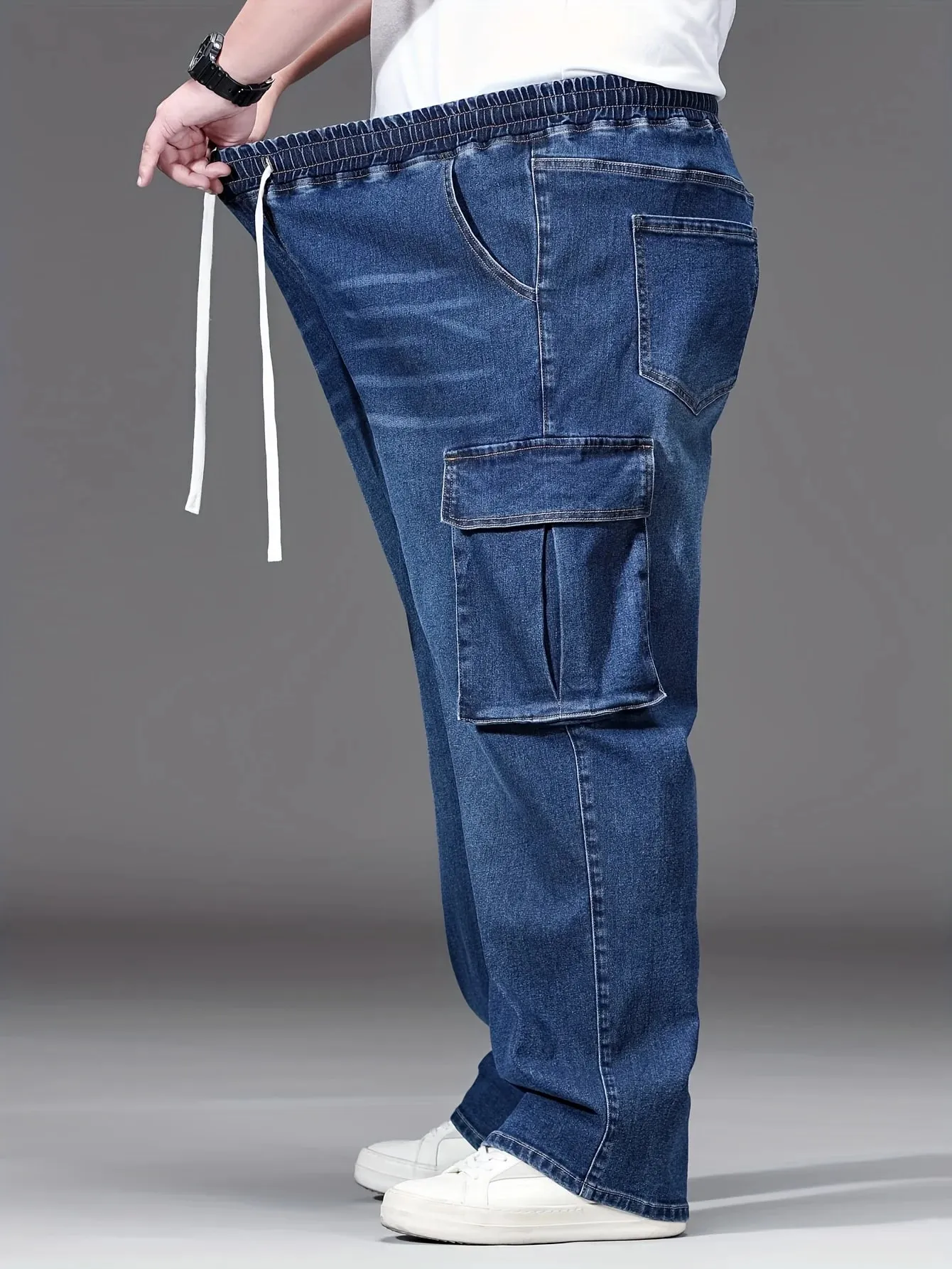 2026 novos homens calças de brim de grandes dimensões cintura alta elástico cordão estiramento baggy denim calças casuais versátil plus size
