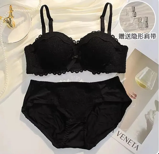 Novo conjunto de lingerie de renda sem fio sutiã acolchoado meia xícara pequeno busto impulso sexy anti-sag roupa interior feminina toda a temporada S-XLAB copo