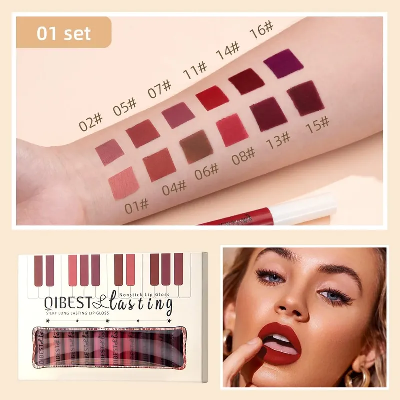 Conjunto de brilho labial fosco, 12 cores, à prova d'água, duradouro, batom líquido, veludo, nude, vermelho, matiz, nutrição, batom antiaderente