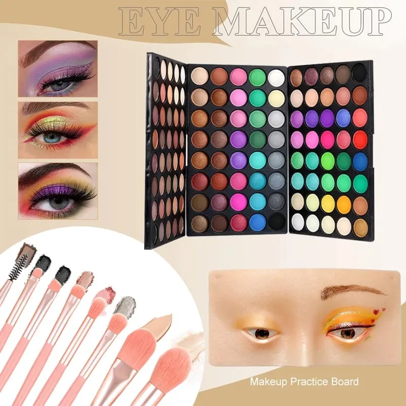 4pcs conjuntos de maquiagem paleta de sombra de 120 cores com 8pcs pincéis e 2pcs placas de prática de maquiagem para iniciantes prática de maquiagem
