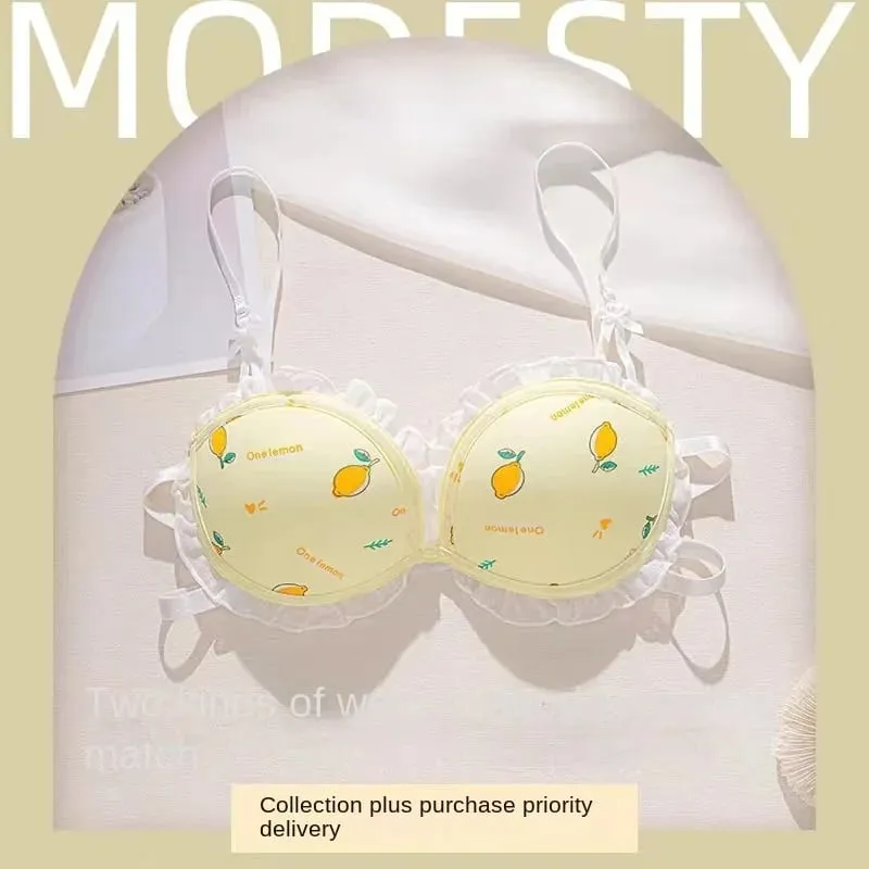 Strawberry 100% Lolita Collection Small Breasts Thin Cartoon Print Underwear Without Wire Back Pure Desire Bra Cover