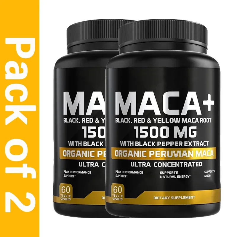 1500mg Raiz de Maca Orgânica Preto Vermelho e Amarelo - 60 Cápsulas - Cápsulas de Raiz de Maca Preta para Homens Suplemento - Não OGM Sem Glúten
