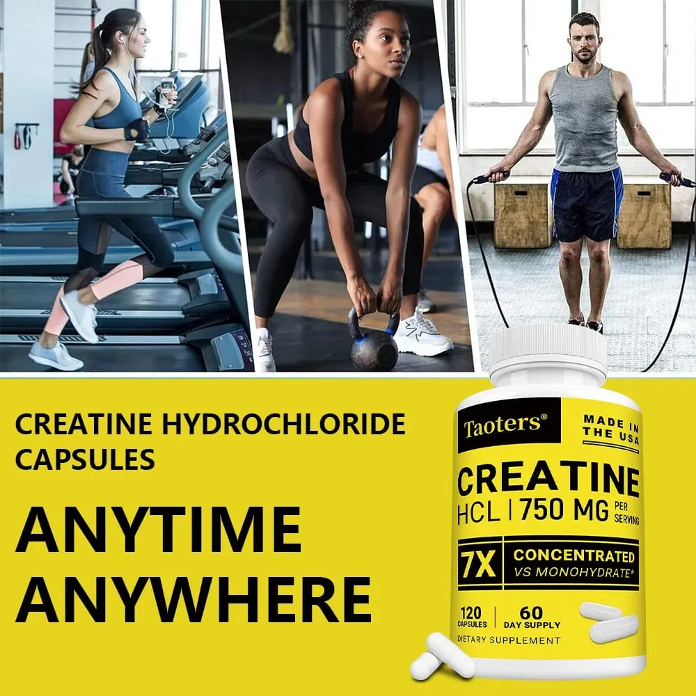 Cápsulas de creatina HCl aumentam a força muscular, foco, resistência, energia, suporte ao metabolismo, saúde cognitiva e cardíaca, não-OGM