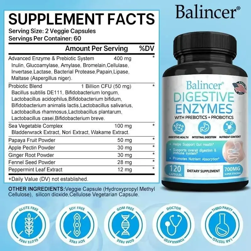 Cápsulas probióticas de enzimas digestivas orgânicas, nutrição prebiótica, digestão e imunidade para a saúde intestinal, adequadas para adultos e homens