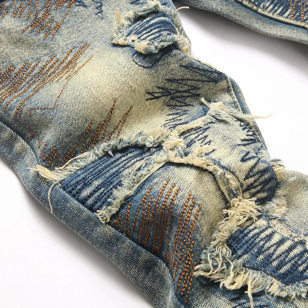 Homens bordado remendo boot corte jeans retalhos estiramento denim magro queimado calças vintage azul streetwear