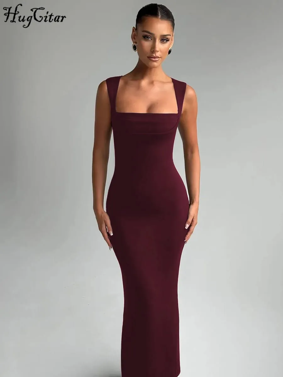 Hugcitar feminino elegante sólido gola quadrada alças sexy bodycon maxi vestido de baile verão feminino y2k roupas festa à noite aniversário