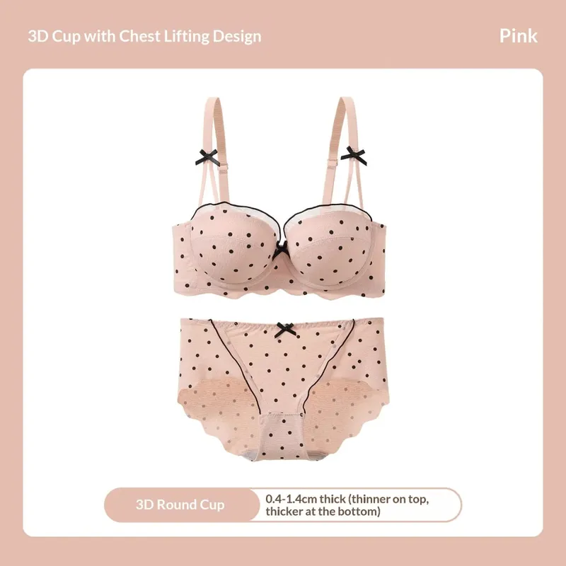 Lace Polka Dot Bra Two-Piece Set Small Bust Gathering Anti-Sagging Side Breast Collection Comfortable Wire-Free Lingerie Set