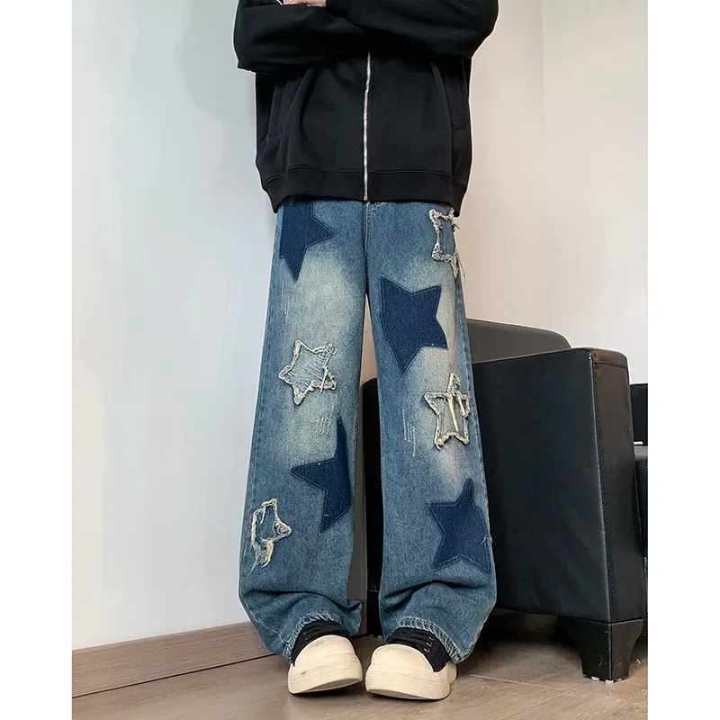 牛仔褲男直筒星星刺繡拼裝秋季牛仔褲Uomo闊腿嘻哈時尚青年中性街頭牛仔長褲
