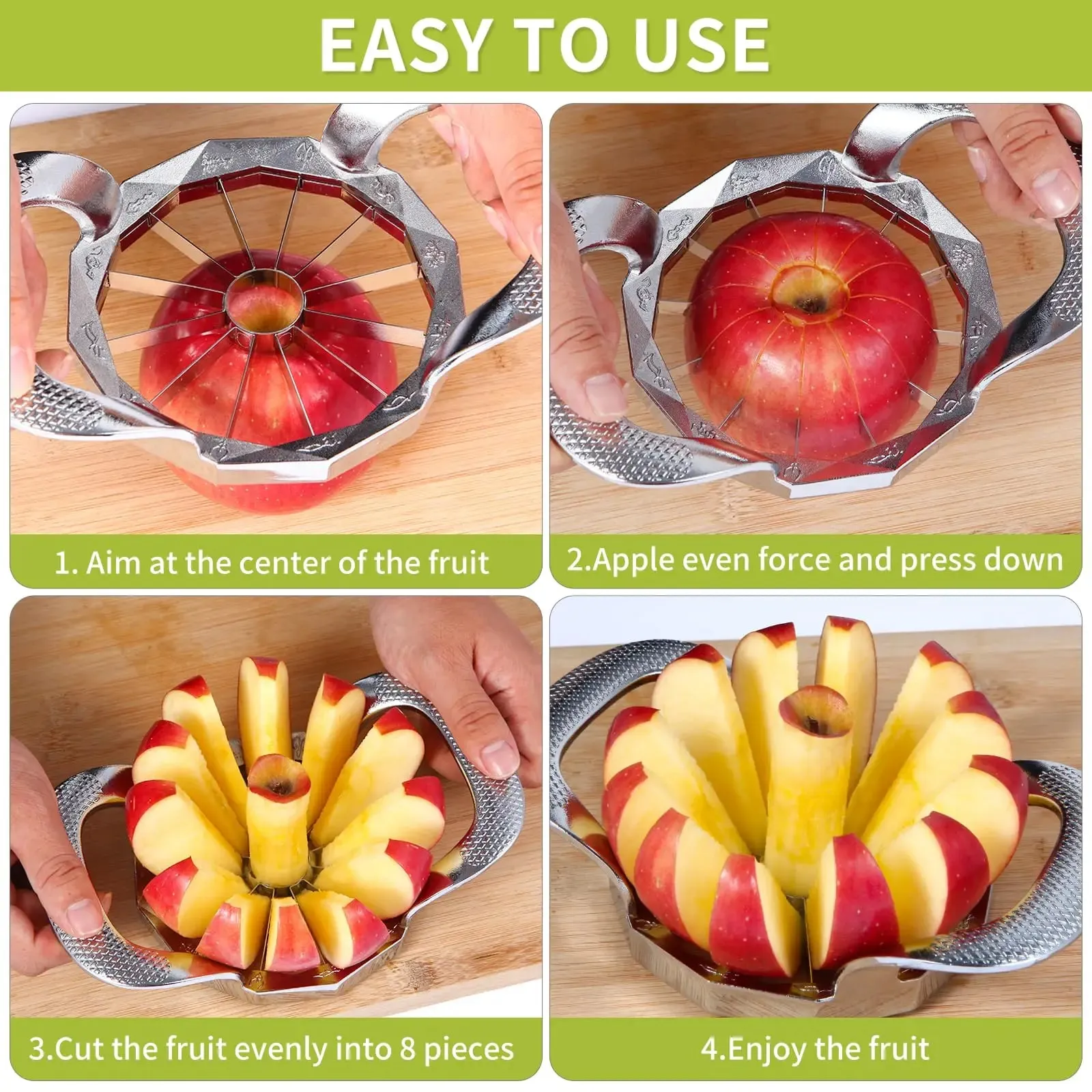 Cortador de frutas com 12 lâminas, cortador de maçã extra grande, fácil de usar, economiza tempo, cortador e divisor de maçã em aço inoxidável resistente