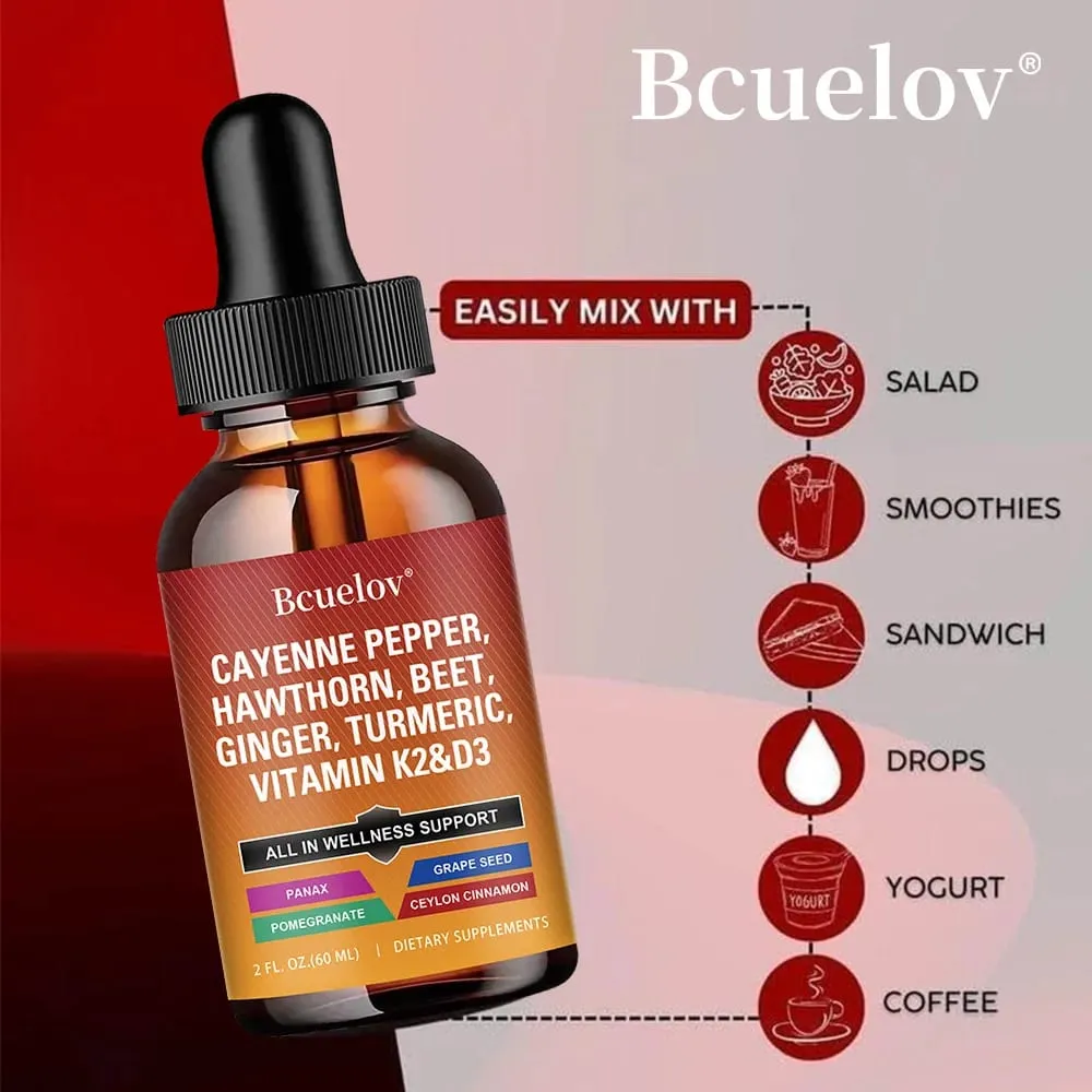 Cayenne Pepper Liquid Drops + Hawthorn Vitamin D3 K2 Ceylon Cinnamon Turmeric Organic Ginseng Supplement for Gut Health