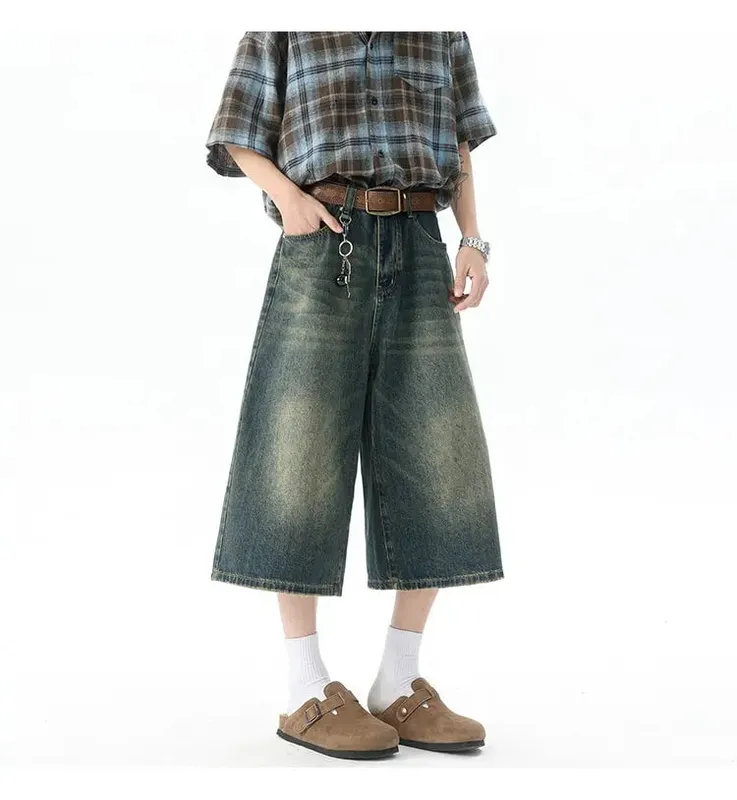 Pantalones Cargo con múltiples bolsillos, pantalones vaqueros cortos de verano, ropa informal estilo Hip Hop, pantalones cortos vaqueros holgados, pantalones Capris de pierna ancha informales 5XL-M