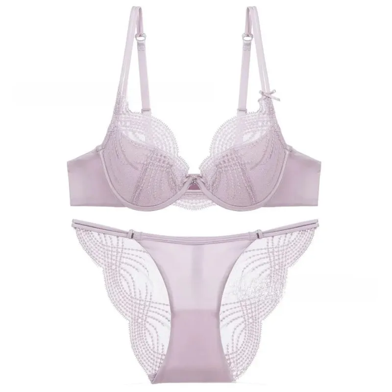 Confortável oco fino copo feminino lingerie conjunto de cetim de seda sem costura push up sutiã conjunto estilo francês sexy roupa interior feminina íntimos