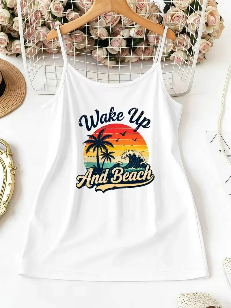 Mulheres verão cinta de espaguete cami regata praia flip-flop concha impressão sem mangas camisola casual férias y2k uso diário topos